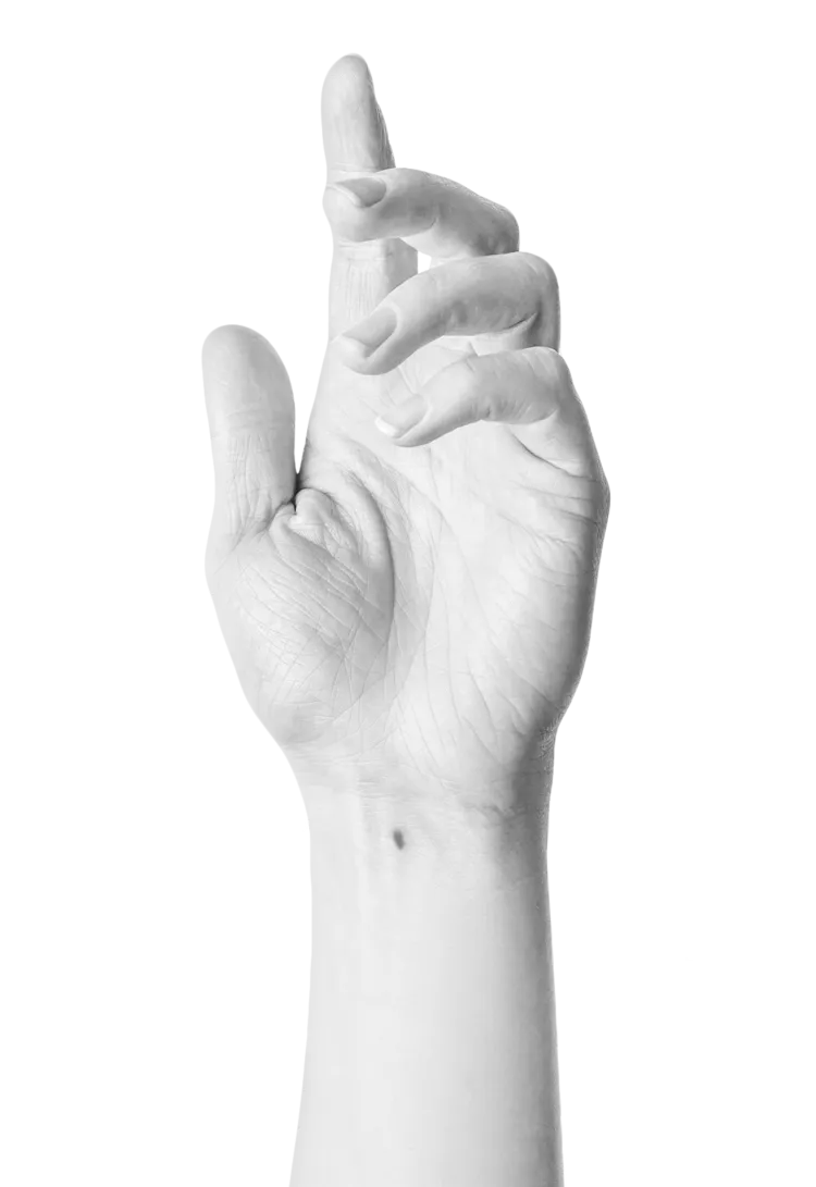 Black-and-white photograph of an elegant, open hand