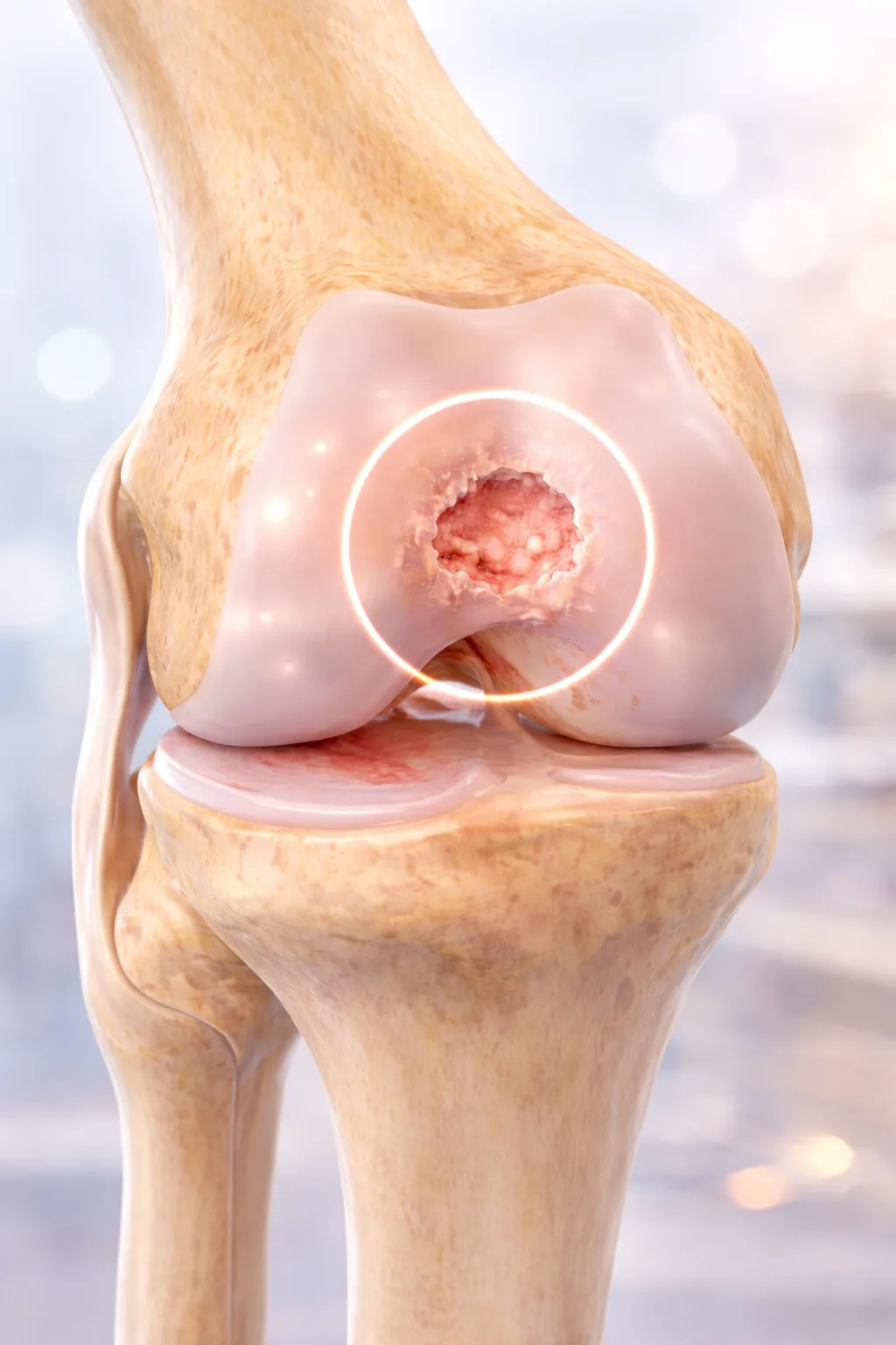 3D render of a knee joint highlighting a focal cartilage defect on the femoral condyle