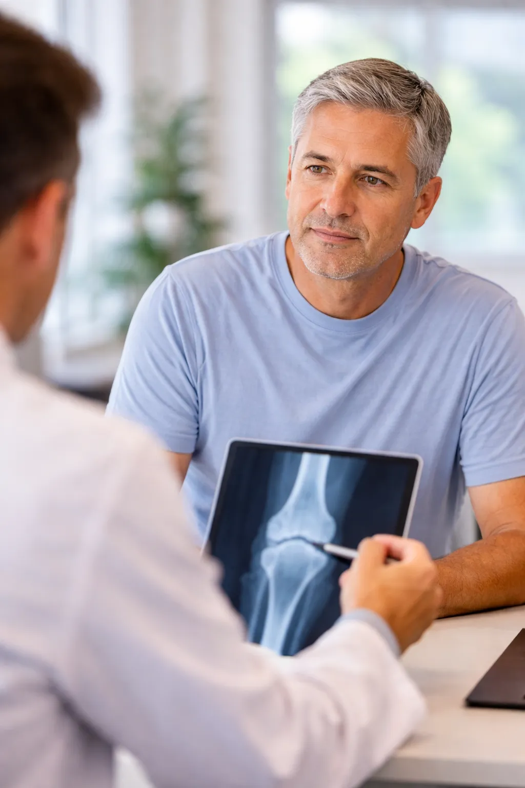 A doctor points to a knee X-ray on a tablet while reviewing it with an older patient