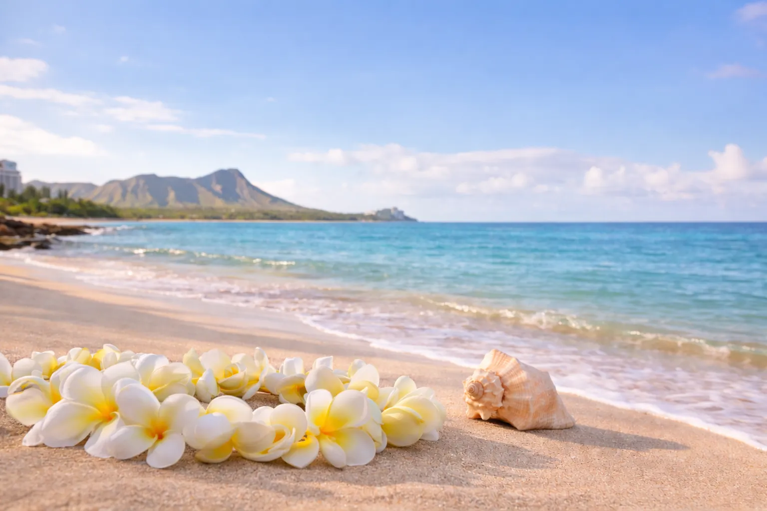 A flower lei and conch shell on the sand with Diamond Head in the distance