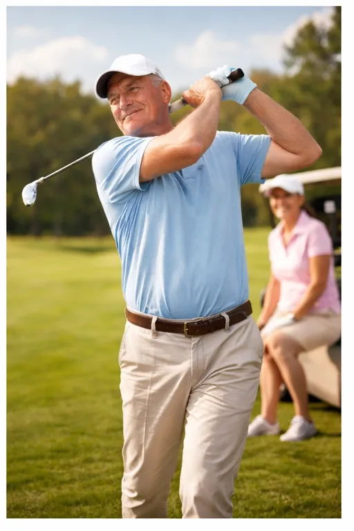 A golfer follows through on his swing on the course