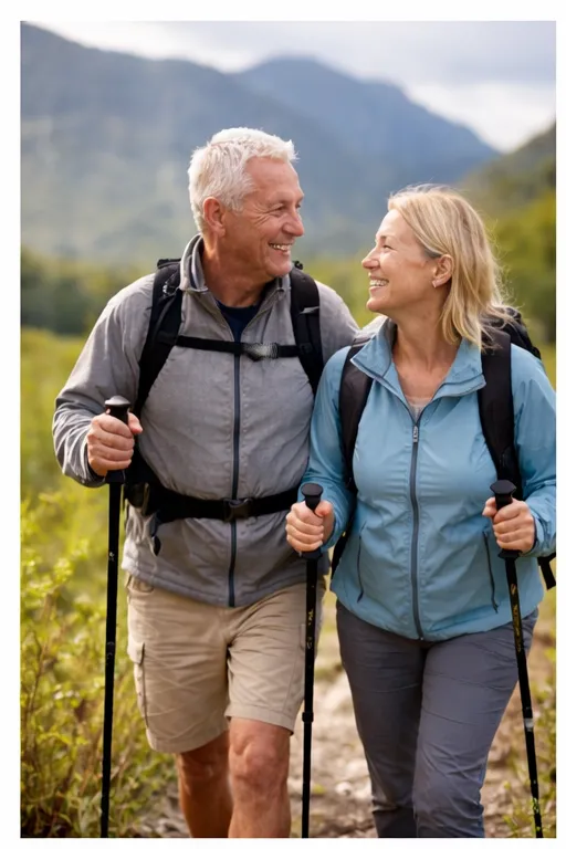 A couple hikes a mountain trail with trekking poles