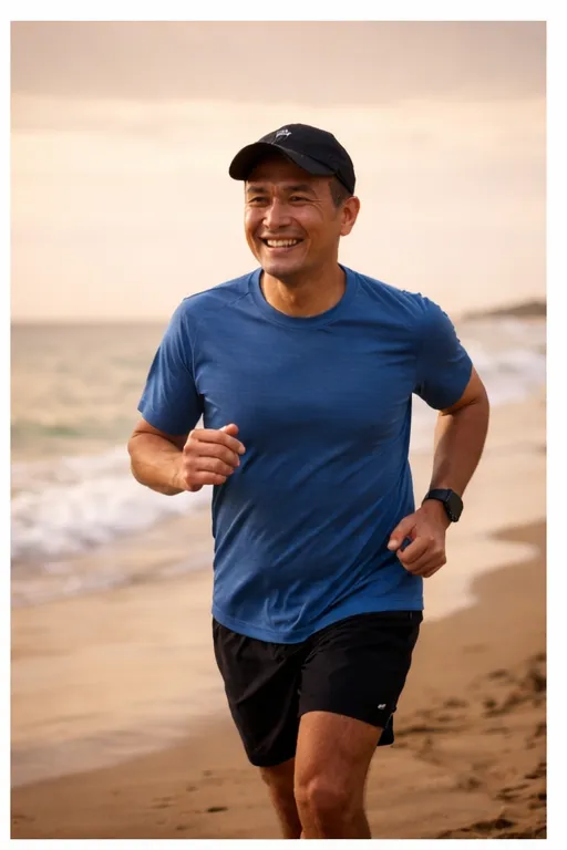 A man jogs along a beach at sunset