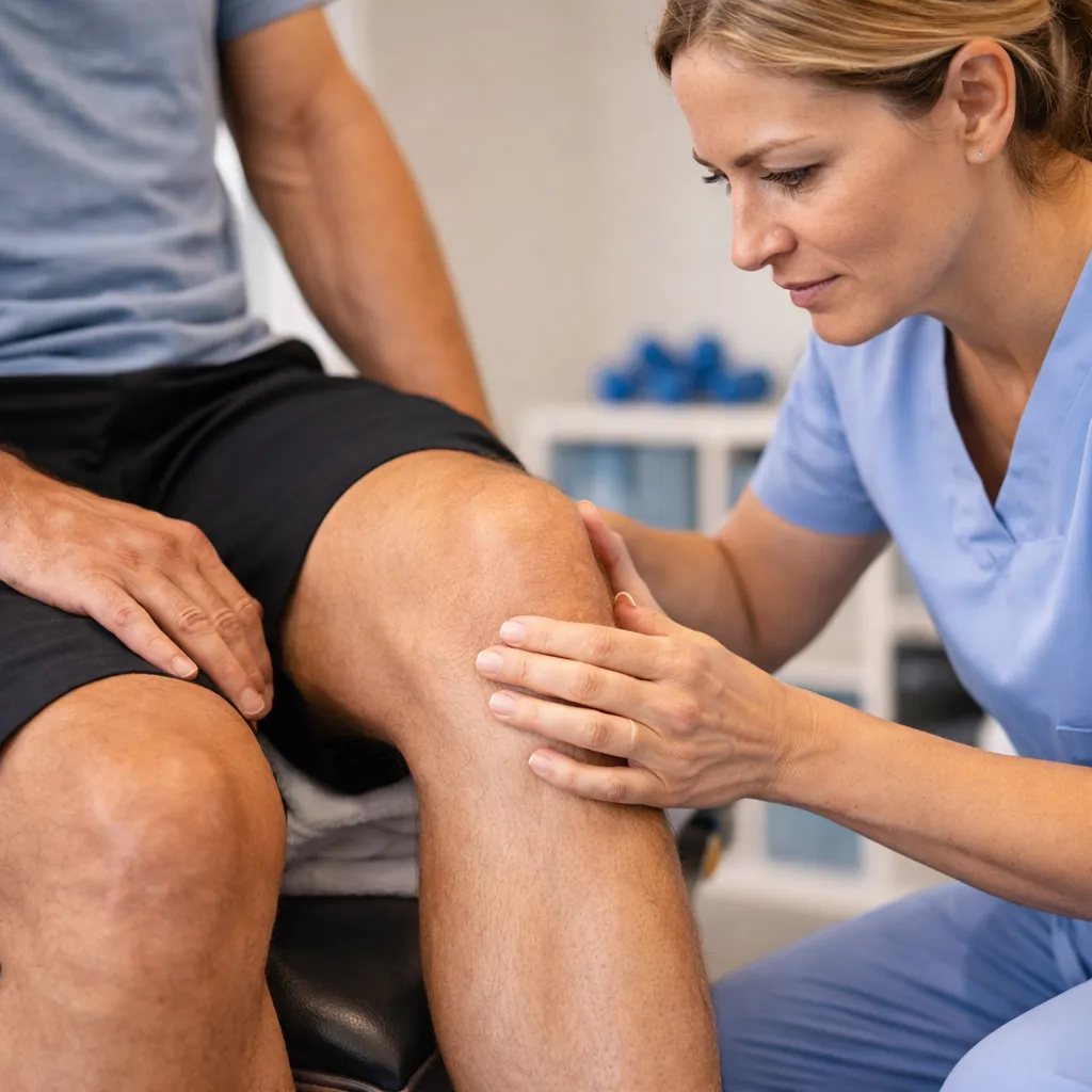 A physical therapist evaluates a patient's knee motion during rehabilitation