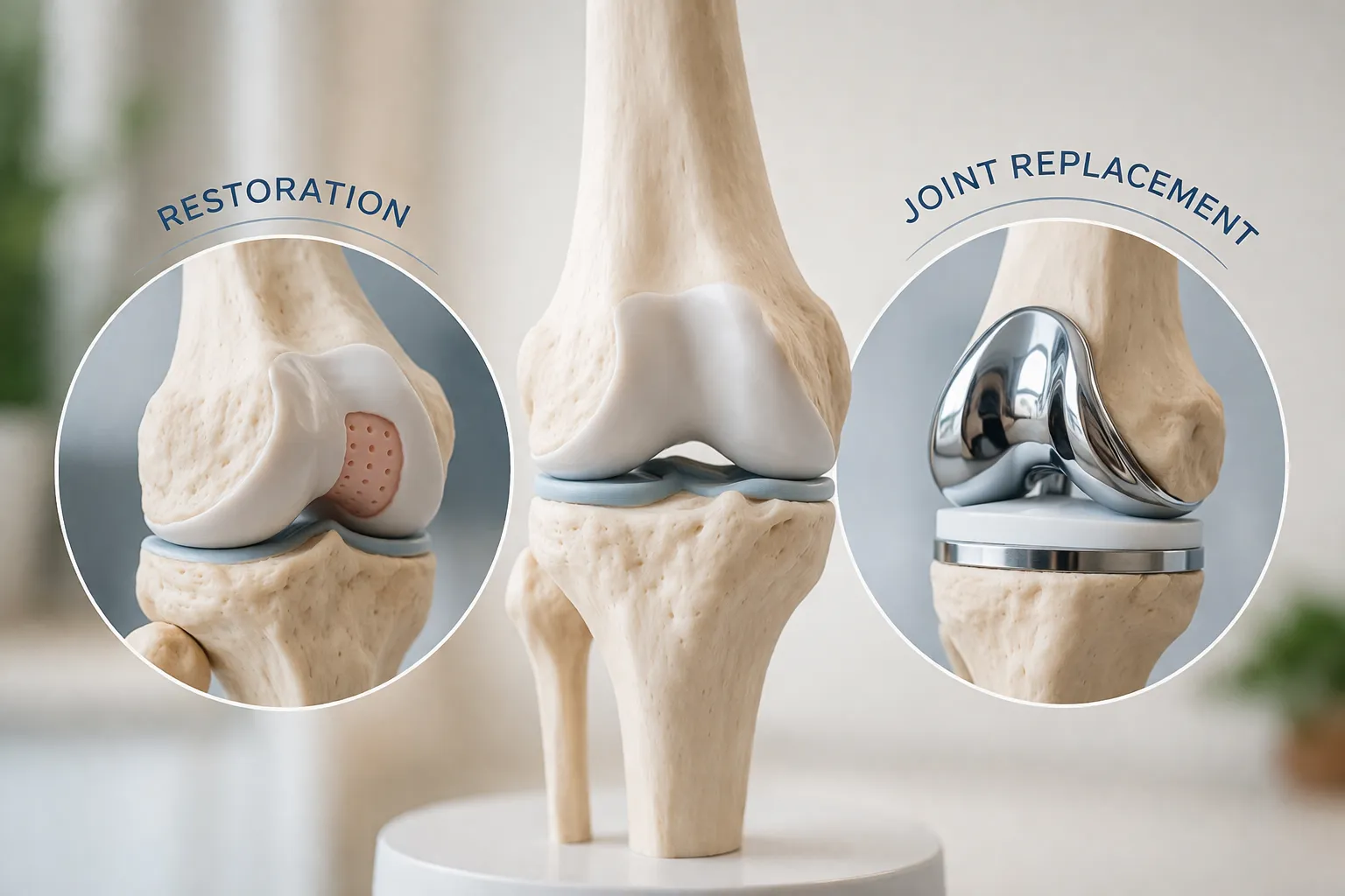 Knee renders contrasting cartilage restoration of a focal defect with a total joint replacement implant