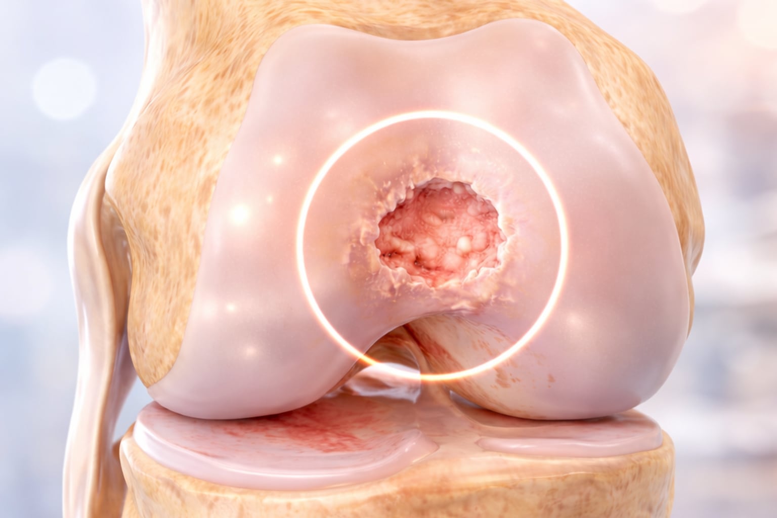 Close 3D medical rendering of a focal cartilage defect on the femoral condyle of the knee
